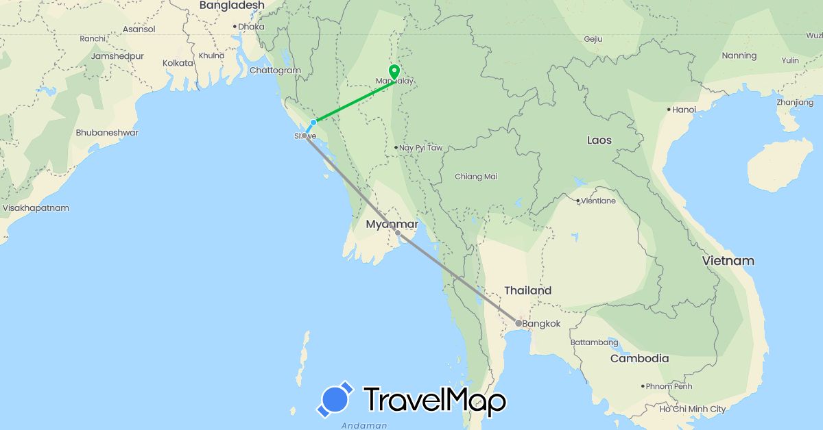 TravelMap itinerary: bus, plane, boat in Myanmar (Burma), Thailand (Asia)